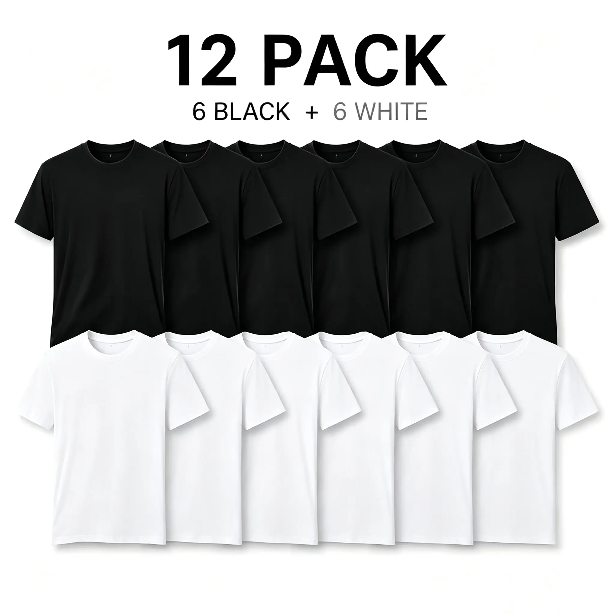 Men's 12-Pack Cotton Blend Plain Short-Sleeve T-Shirts - Unisex Vintage Loose Oversized Round Neck, 6 Black + 6 White, Soft Lightweight Breathable Stretchy Casual Menswear Tops, Shortsleeve