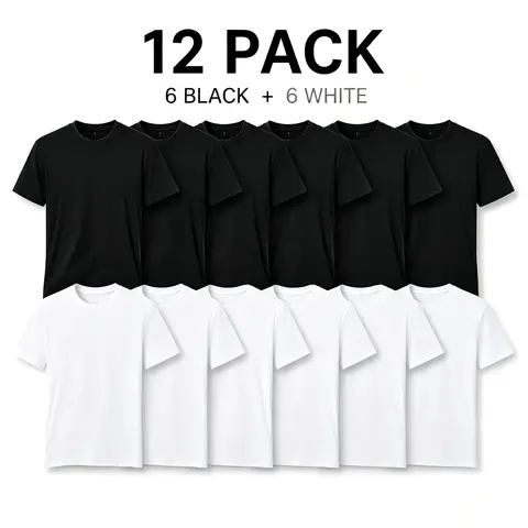 Menswear Stylish 12-Pack Cotton Blend Plain T-Shirt Set - 6 Black + 6 White, Unisex Vintage Loose Oversized Round Neck, Breathable Soft Lightweight Stretch Fabric Streetwear Casual Tops