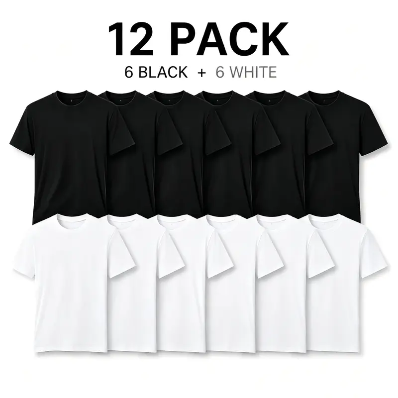 Menswear Stylish 12-Pack Cotton Blend Plain T-Shirt Set - 6 Black + 6 White, Unisex Vintage Loose Oversized Round Neck, Breathable Soft Lightweight Stretch Fabric Streetwear Casual Tops