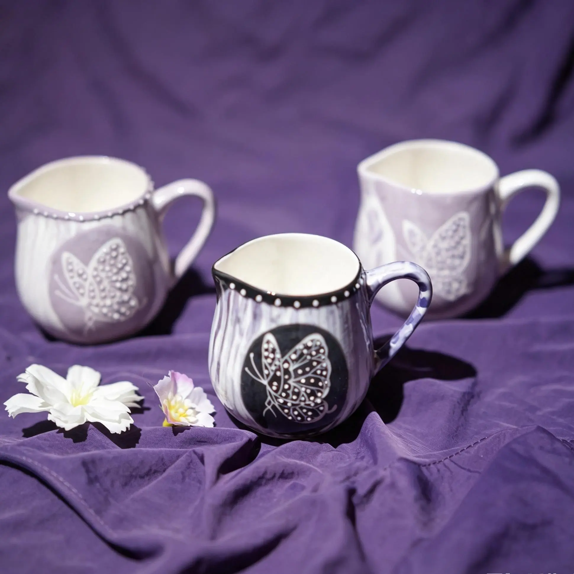 10oz Handmade Ceramic Pitcher-Style Mug, Gothic Butterfly Victorian Purple Lace Embossed Cup, Dishwasher Safe Home Decor, Perfect for Witchy Tableware & Gothmas Holiday Gifts