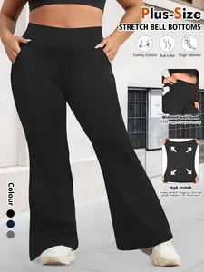 Women's Plus Size High Waist Wide Leg Pants, Womenswear Elastic Pocket Flare Trousers, All-Season Basic Solid Casual Formal Wear, Elegant Comfortable Long Pants, Bottom