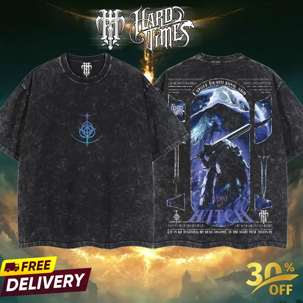 Unisex Oversize Elden Ring Ranni the Witch-Blaidd the Half-Wolf Acid Washed Heavyweight Cotton T-shirt, Y2K Vibes Street Wear, Retro Vintage Anime Manga Merch, Gift for Anime Fans
