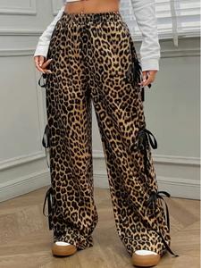 【plus size】leopard print tie side pants, casual loose comfy baggy pants for daily wear, women's bottoms for all seasons, oversized womenswear, plus size clothes women, casual streetwear pants, casual comfy trousers