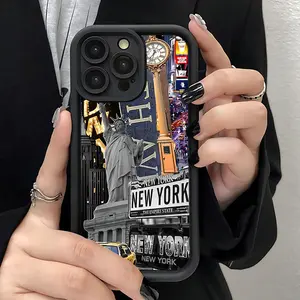 New York City Landmarks Pattern (Statue of Liberty, Times Clock, "New York" Sign) Fashionable and Popular Shock - Proof Anti - Fingerprint Full Coverage Thick Protective with iPhone 17 E Air Pro ProMax iPhone16 15 14 Plus 13 12 Mini 11 X XS XR