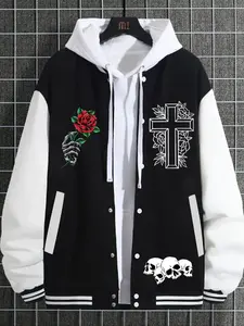 Men's Casual Letter Print Rose Cross Design Baseball Jacket, Fitted Geometric Pattern, All Seasons, Versatile Net Version
