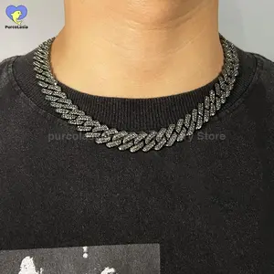 Hip Hop Men Women 14mm Black Grey Cuban Link Chain Bling Iced Out Rhinestones Paved Miami Black Necklace Jewelry