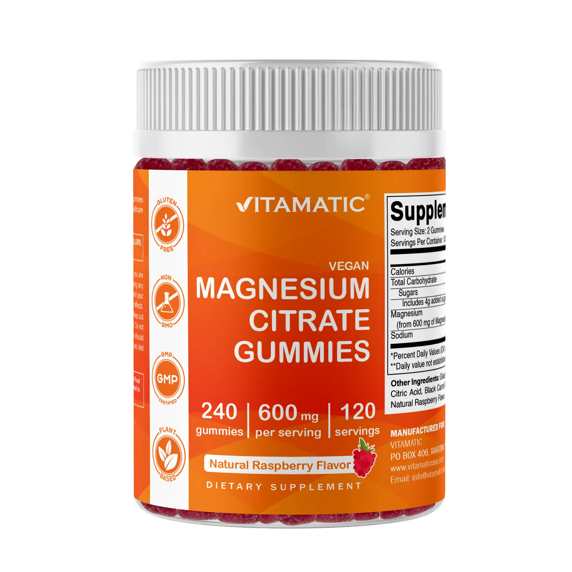 Vitamatic Chewable Magnesium Citrate Gummies for Adults - 600 mg per Serving, 240 Ct, Vegan Raspberry Flavor, Gluten Free, GMO Free, Minerals, Body Health & Daily Supplemental Nutrition Support, No Artificial Flavors/Preservatives