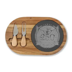 Engraved Oak Charcuterie Board with Slate Insert & Cheese Knives — Personalized 250 Crest Design