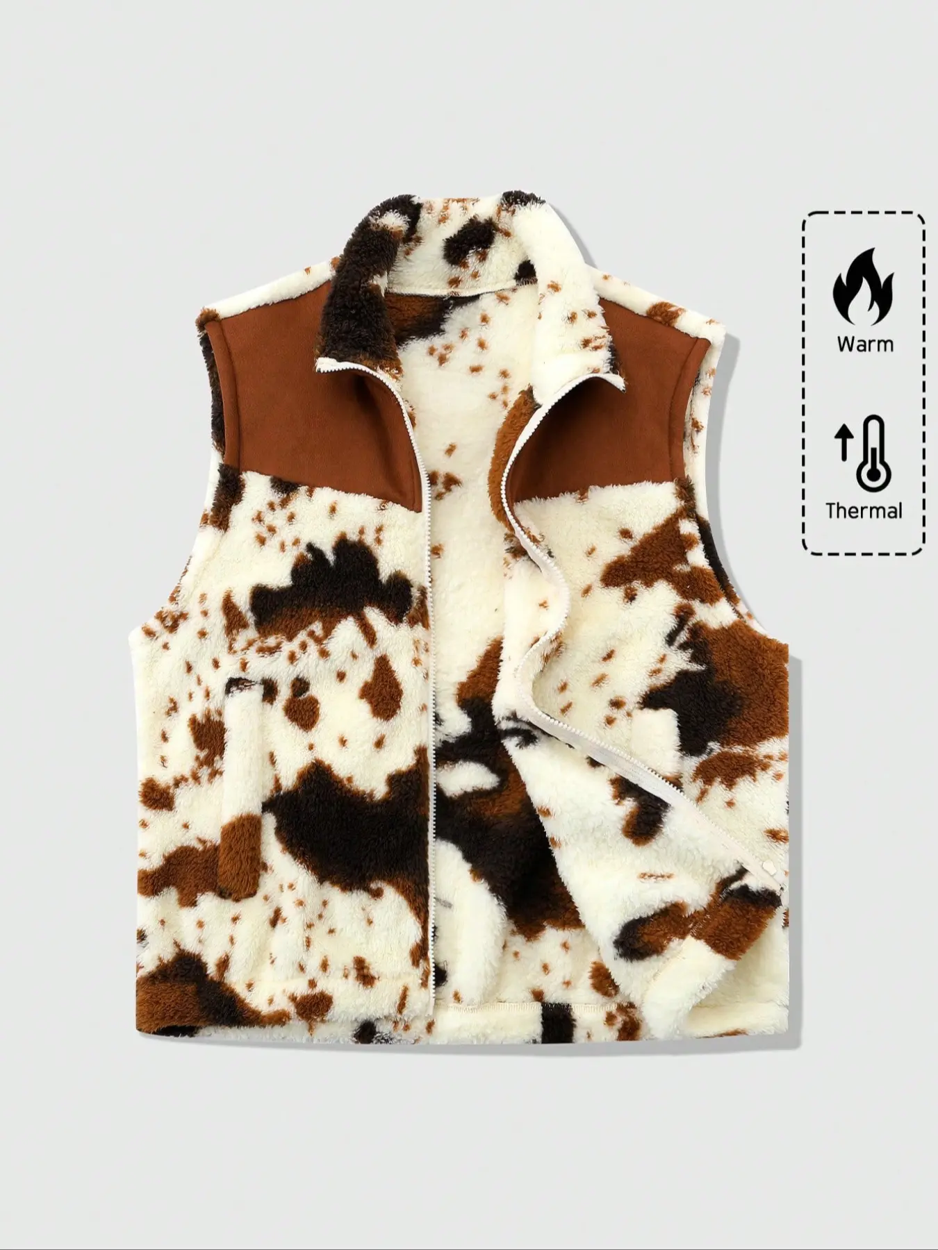 Men's Viral Cow Print Fleece Vest: Must-Have Warm Thermal Sherpa Gilet with Full Zip for Western Aesthetic & Cozy Winter Layering Outfits #CowPrint #WesternFashion