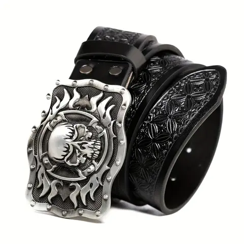 Cool Western Cowboy Flame Skull Belt, Vintage Gothic Casual Streetwear, Stylish Punk Fashion Pants Belt for Men, Street Style Belt, Stylish Belts, Adjustable Belts
