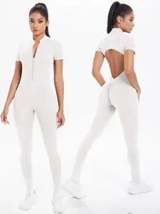 Women's Zipper Backless Sports Bodysuit, Short Sleeve Tight Fit Training Gym Yoga Jumpsuit, Sexy Workout Jumpsuit for Fitness & Pilates