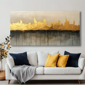 Modern Abstract Gold City Canvas Wall Art, Framed Cityscape Painting, High Quality Print on Wooden Frame, Horizontal Orientation for Living Room, Bedroom, Office and Home Decor, Living Room Decor |   Vintage Aesthetic |   Durable Canvas, Large Canvas Wall