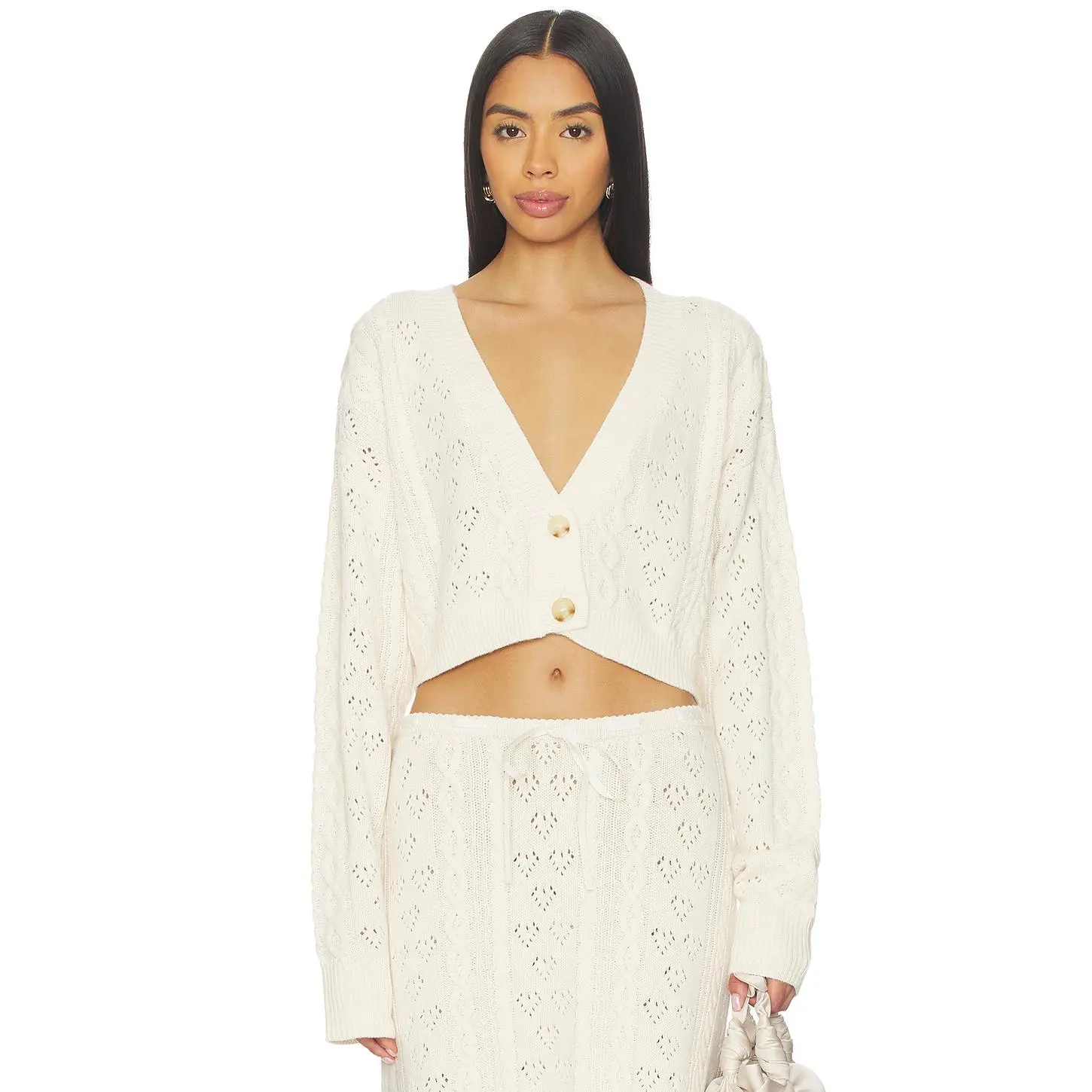 GUIZIO Noah Cable Crop Cardigan in Snow White