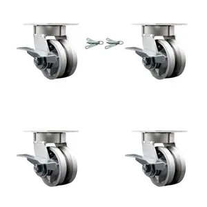 Service Caster SCC-KP30S420-VGR-SLB-BSL-2 Kingpinless V-Groove Semi-Steel Swivel Top Mount Caster, 4x2 in. Silver Steel Castors, 3200 lbs Capacity - Set of 4, Top Mount Castors