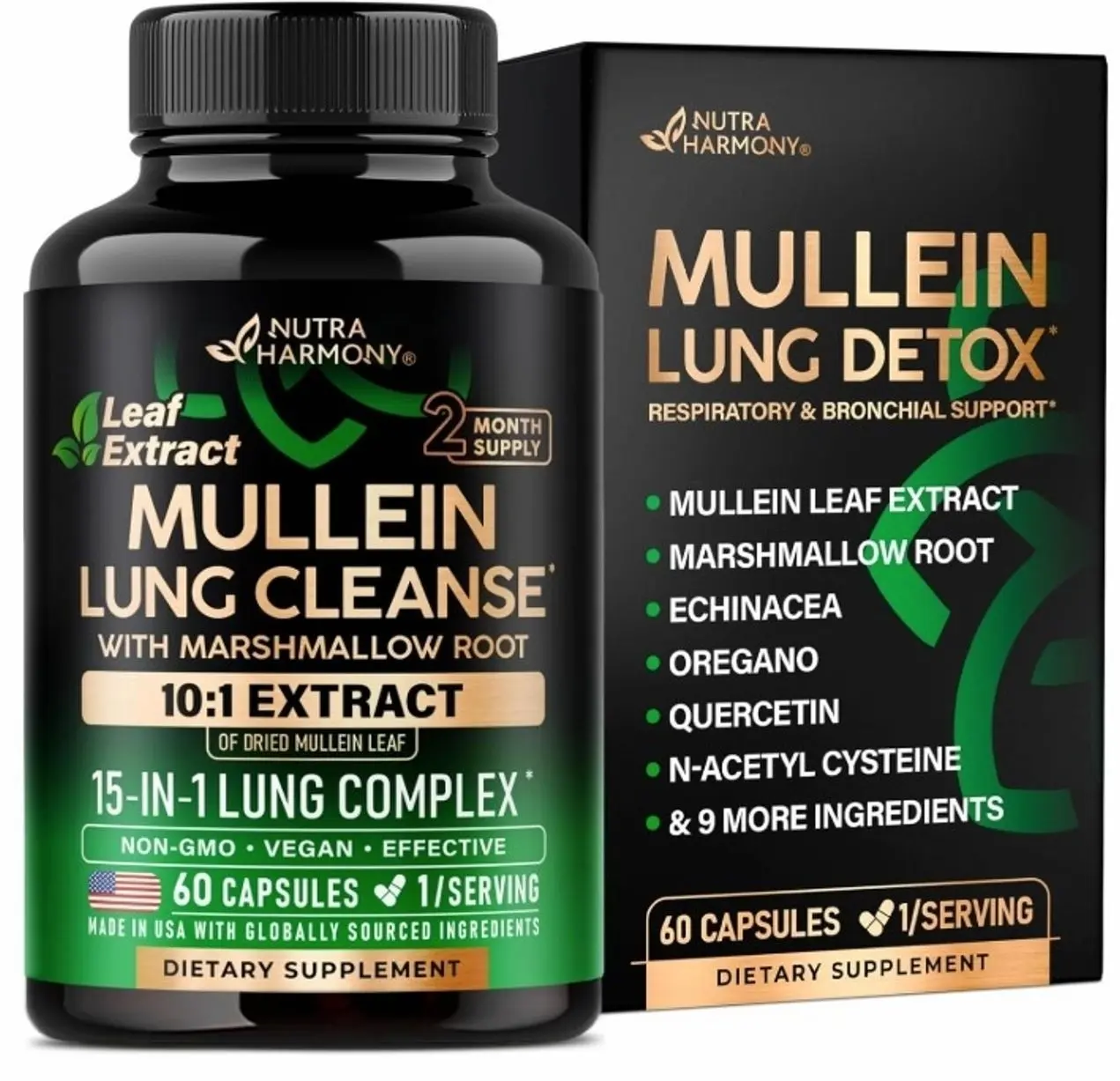 Mullein Lung Detox - Mullein Leaf 10:1 Extract - Marshmallow Root | Echinacea | Oregano | Quercetin | NAC - 15-in-1 Lung Support & Cleanse for Smokers Supplement - Made in USA - As Drops - 60 Capsules