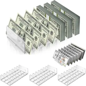 4 Pack Acrylic Money Organizer Cash Trays 7 Sections Clear Dividers Desk Organizer for Cash Envelope Mail Bill Card Makeup Palette and Other Small Items