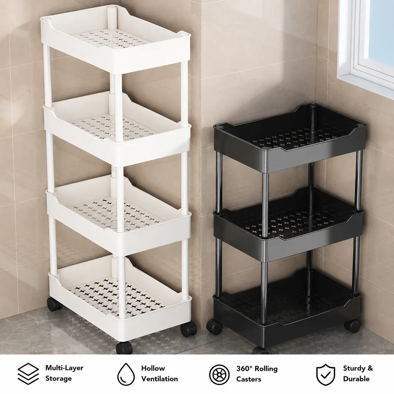 Narrow Gap Storage Rack, Multi-Tier Mobile Bathroom Shelving Unit, Floor-Standing Narrow Crevice Kitchen Cart Organizer