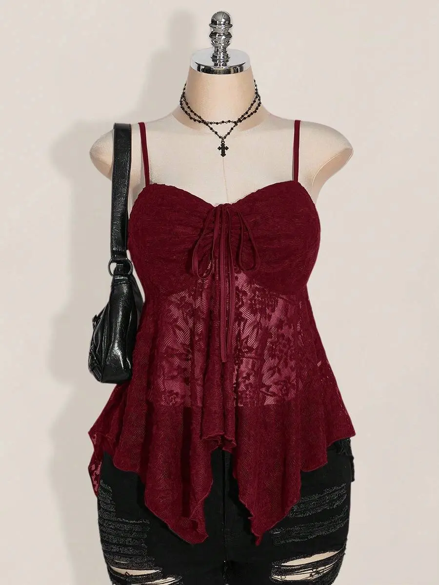 Plus Size Women Knotted Lace Ruffle Asymmetrical Hem Casual Versatile Date Night Camisole Top