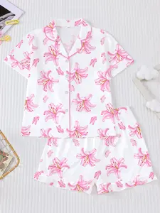 Girls' Lily Flower Floral Print Pajama Set, Cute All over Floral Sleepwear, Summer Sleepwear Set, Short Sleeve Shirt & Elastic Waist Shorts, Home Wear