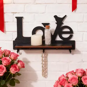 Simple Bird Love Letter Wall Display Rack, Valentine's Day Wooden Home Decor Floating Shelves, DIY Assembly, Iron Hooks, Living Room Bedroom