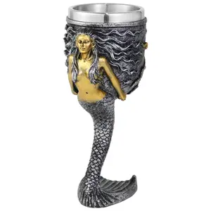 Fantasy Medieval Mermaid Octopus Wine Goblet - Sparkling Silver Tail Chalice Cup - 7oz Stainless Steel Drinking Vessel - Novelty Gothic Gifts for Birthday Men Women Bar Party Drinkware Decorations wineglasses