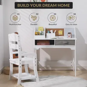 Table with Drawers and Dual Pen Holders, Adjustable Kids Desk and Chair Set with Hutch and Cork Board – Study Table with Storage Drawers – Ideal for Art and Homework – White