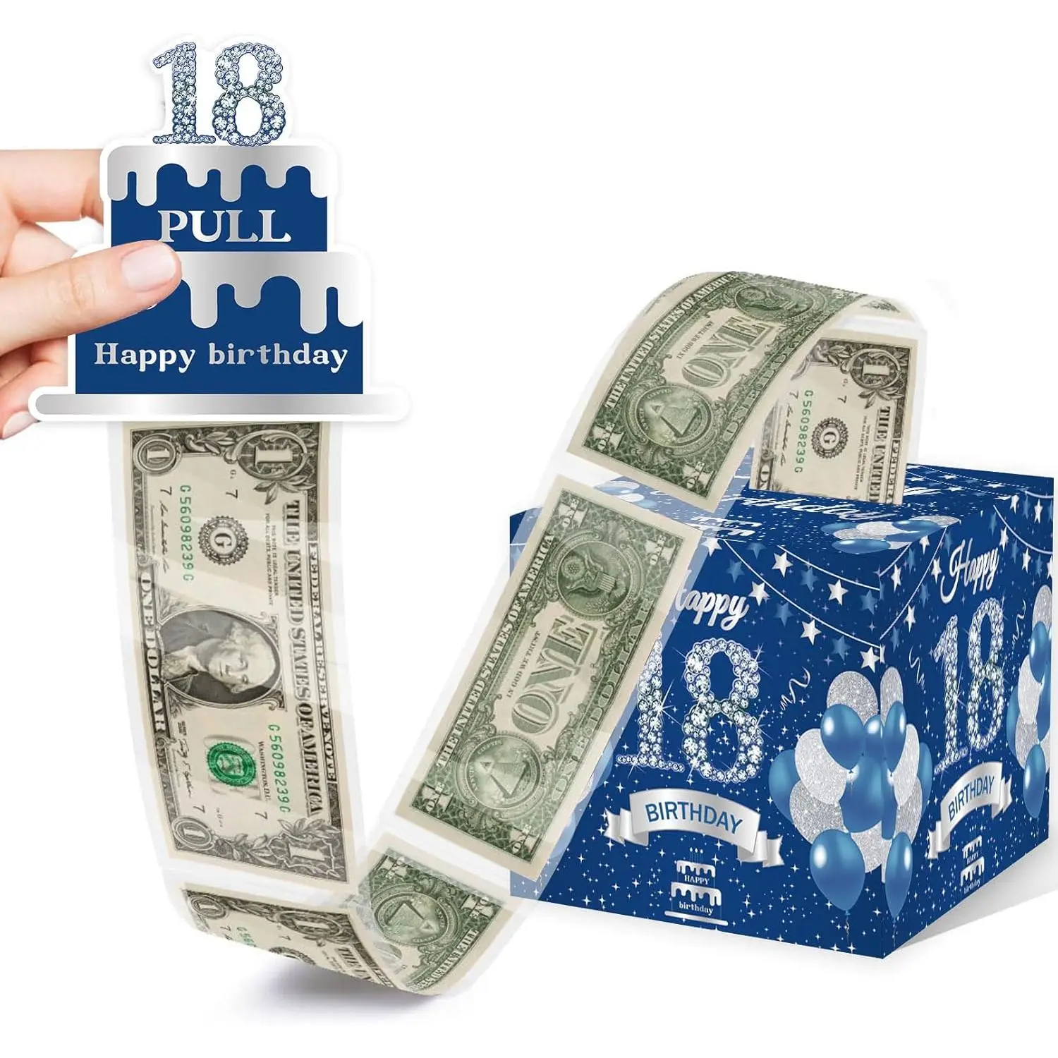 18th Birthday Decorations for Boys - 18th Birthday Money Box Cash Gifts for Boys Girls - 18th Birthday Gifts Surprise Money Gift Boxes for Cash with Pull Out, Blue Silver 18th Bday Party Decor, Small