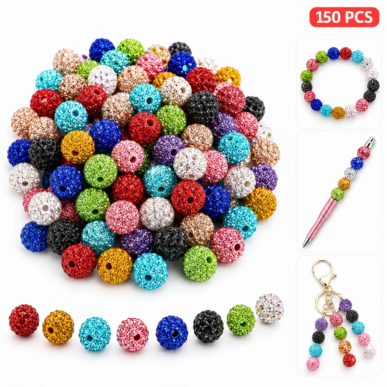 150PCS Sparkly Rhinestone Disco Ball Beads for Beadable Pens, 10mm Multicolor Pave Clay Core Bead Mix for DIY Bracelets, Keychains, Necklaces, Earrings and Handmade Jewelry Making Supplies