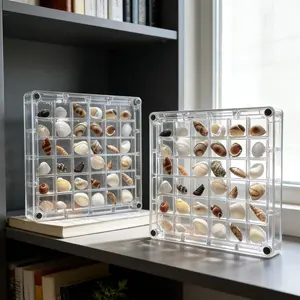 [2-Pack Value Set] 36-Grid Clear Acrylic Seashell Display Box with Magnetic Lid, Set of 2 Aesthetic Beach Treasure Organizers for Sea Glass & Rock Collectors