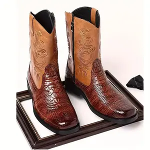 boots men Plus Size Men's Vintage High Top Cowboy Boots With Side Zipper, Comfy Non Slip Durable Casual Riding Shoes For Men's Outdoor Activities Footwear Comfort Closed Rubber Decor Bota