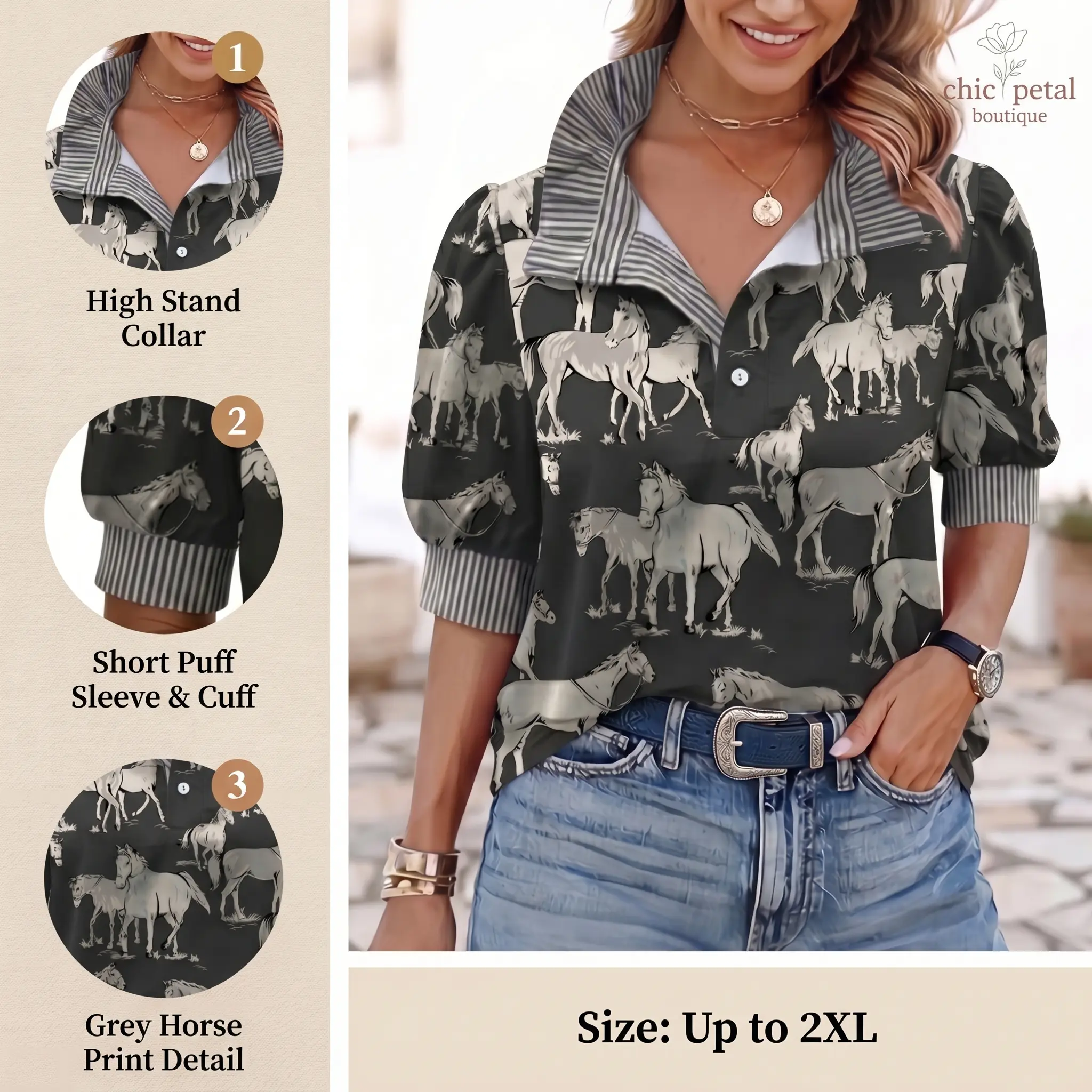 Women's Western Horse Print Blouse, Chic Cowgirl Fashion Top with High Stand Collar and Puff Sleeves, Machine Washable & Pants-Friendly, Everyday, Fit