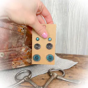 Ritzy Western Concho Earrings Set | Faux Turquoise Concho Stud Earrings (3-Pair Set)