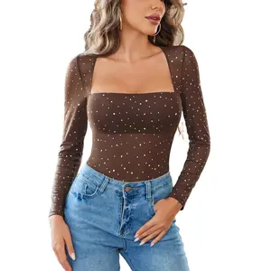 Avidlove Women's Fashion Square Neck Long Sleeve Rhinestone Sheer Mesh Bodysuit, Suitable for Year-Round Styling