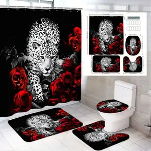 1/4pcs Bold Monochrome Leopard & Red Roses Bathroom Set, Bathroom Accessory - 4-Piece Shower Curtain + 2 Bath Mats + Toilet Cover, Black White Red Design, Perfect for Valentine's Day Christmas Home Decor Gift, Shower Curtain Sets