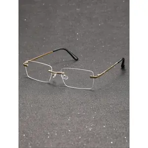 Rectangular Gold Rim Frameless Transparent Glasses, Lightweight, Light, Casual Daily Wear, Valentine's Day Vacation Accessory