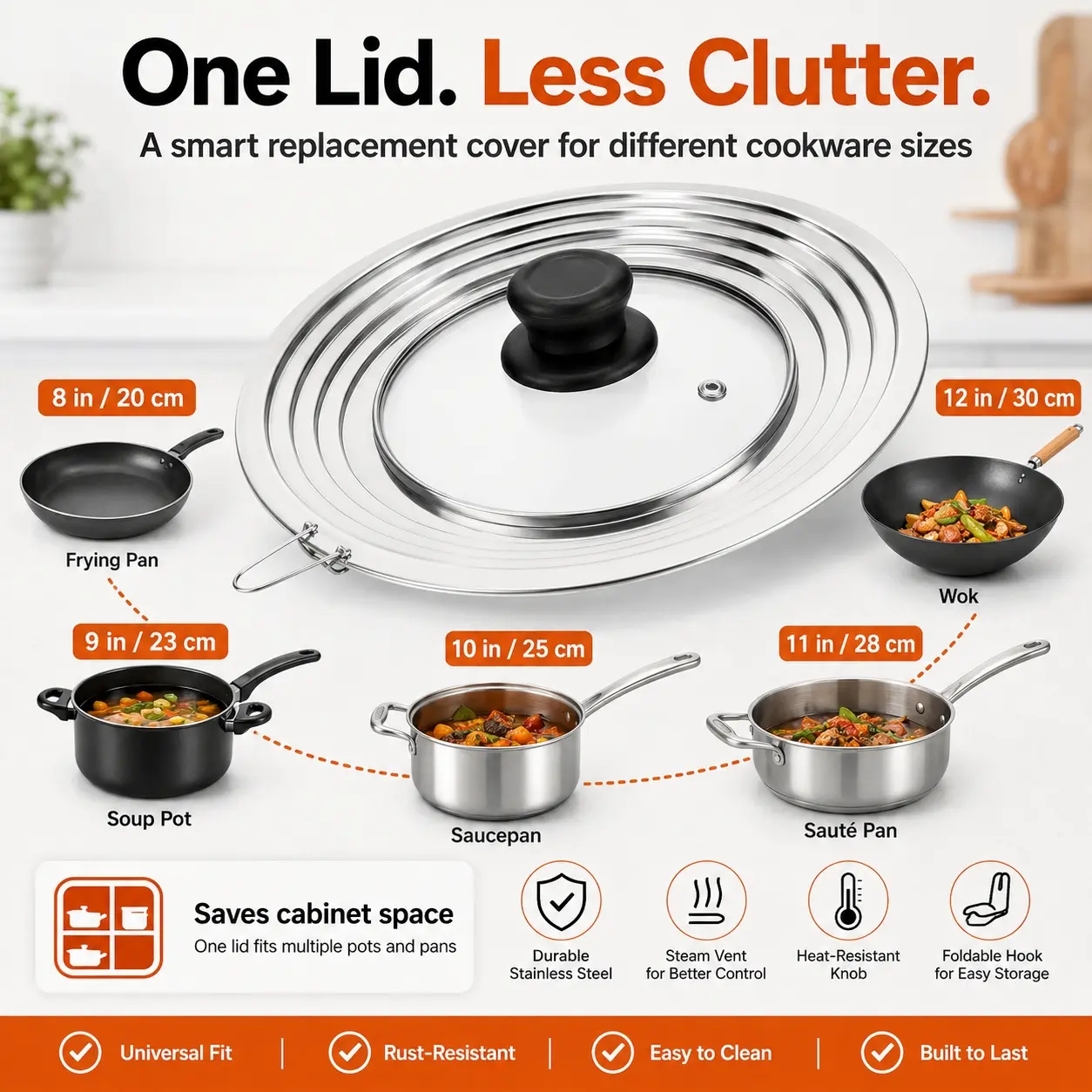 28cm Universal Tempered Glass Pot Lid, Stainless Steel Rim Multi-Size Replacement Pan Cover with Heat Resistant Knob & Anti-Overflow Design, Fits 8-12 Inch Pots Pans Skillets, Clear Cookware Lid for Home Kitchen Restaurants Hotels