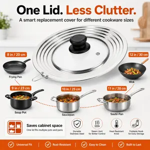 28cm Universal Tempered Glass Pot Lid, Stainless Steel Rim Multi-Size Replacement Pan Cover with Heat Resistant Knob & Anti-Overflow Design, Fits 8-12 Inch Pots Pans Skillets, Clear Cookware Lid for Home Kitchen Restaurants Hotels