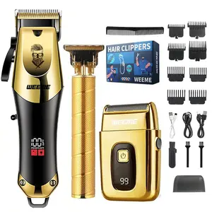 WEEME Golden 3pcs Men'S Grooming Kit: USB Rechargeable Hair Clipper, Shaver, Trimmer with LCD Display, 8 Guards, USB Cables & Cleaning Brushes – Perfect Gift for Dad, Boyfriend, Father'S Day, Birthdays & Holidays