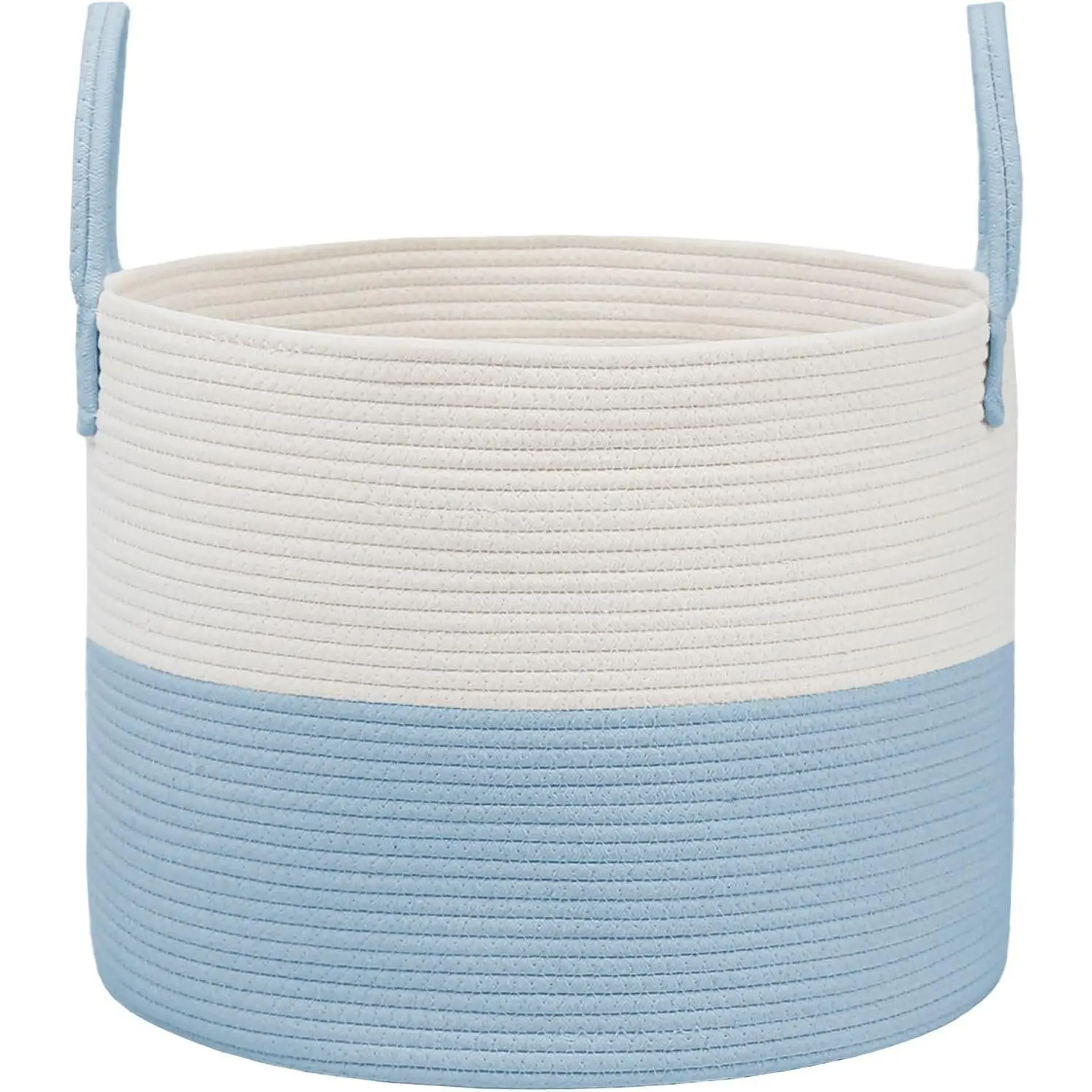 115L Modern Round Texture Synthetic Woven Rope Laundry Hamper - Foldable Collapsible Durable Storage Bin with Reinforced Handles, Room Decor for Bedroom Pillows & Toys, Machine Washable White&Blue Basket