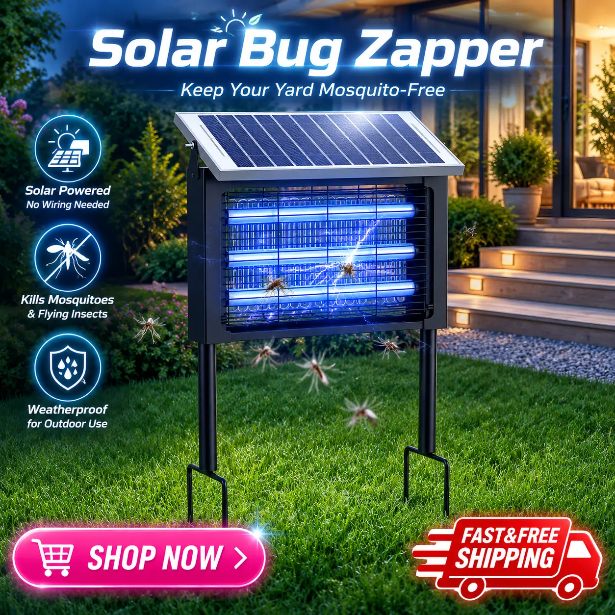 Minimalist Wall Style Bug Zapper Lamp, 3 UV Tubes 4500V High Voltage Electric Insect Killer, Hanging & Standing IPX4 Waterproof for Home Kitchen Backyard Farm