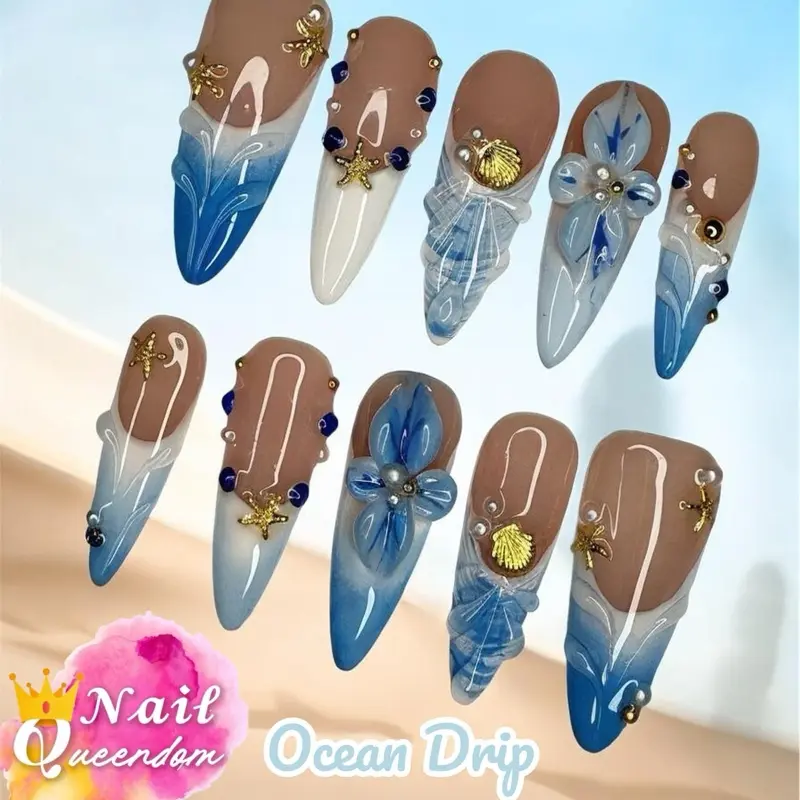 Nail Queendom [OCEAN DRIP] Handcrafted 3D Press-On Nails Reusable Long Lasting Salon Quality Easy Application 10 Pieces Set Eco-Friendly 3D-gel Finish