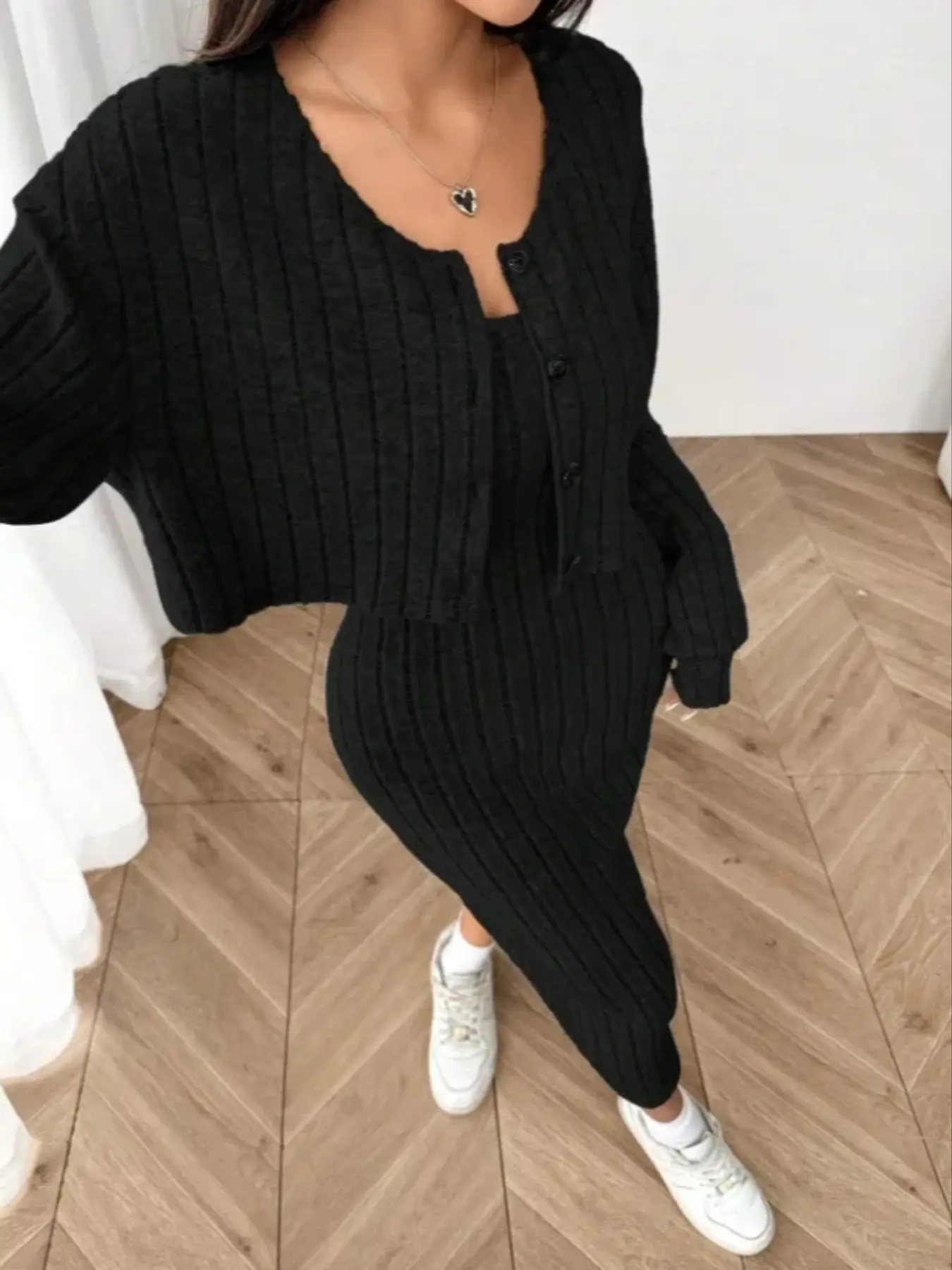 Women's New Fall Ribbed Knit Low Shoulder Button Front Jacket & Slim Fit Mid-Length Dress Set, Stylish Two-Piece