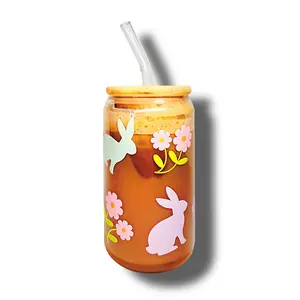 Rabbits & Flowers Glass Cup 16oz