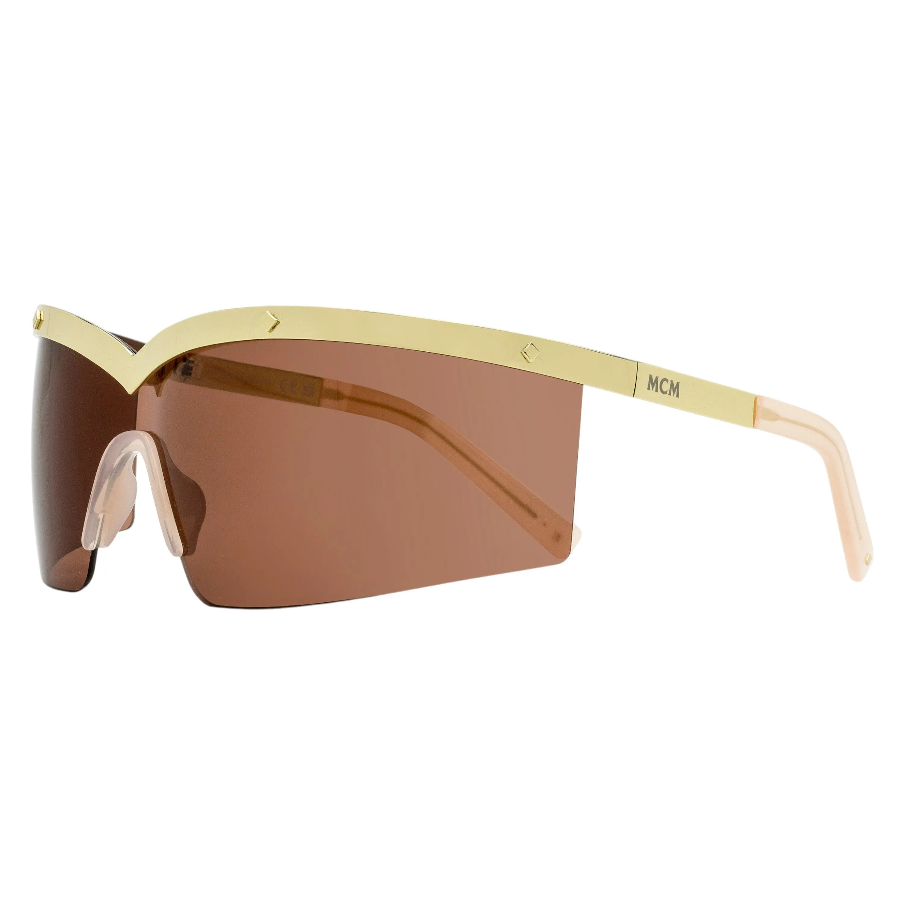MCM MW0016 Women's Bold Futuristic Shield Sunglasses, Metallic Gold and Blush Frame, 100% UV Protection, Metallic Body Women's Sunglasses, Bold Shield Silhouette, Dramatic Arching Browline, Elegant Design, Fashion-Forward Aesthetic