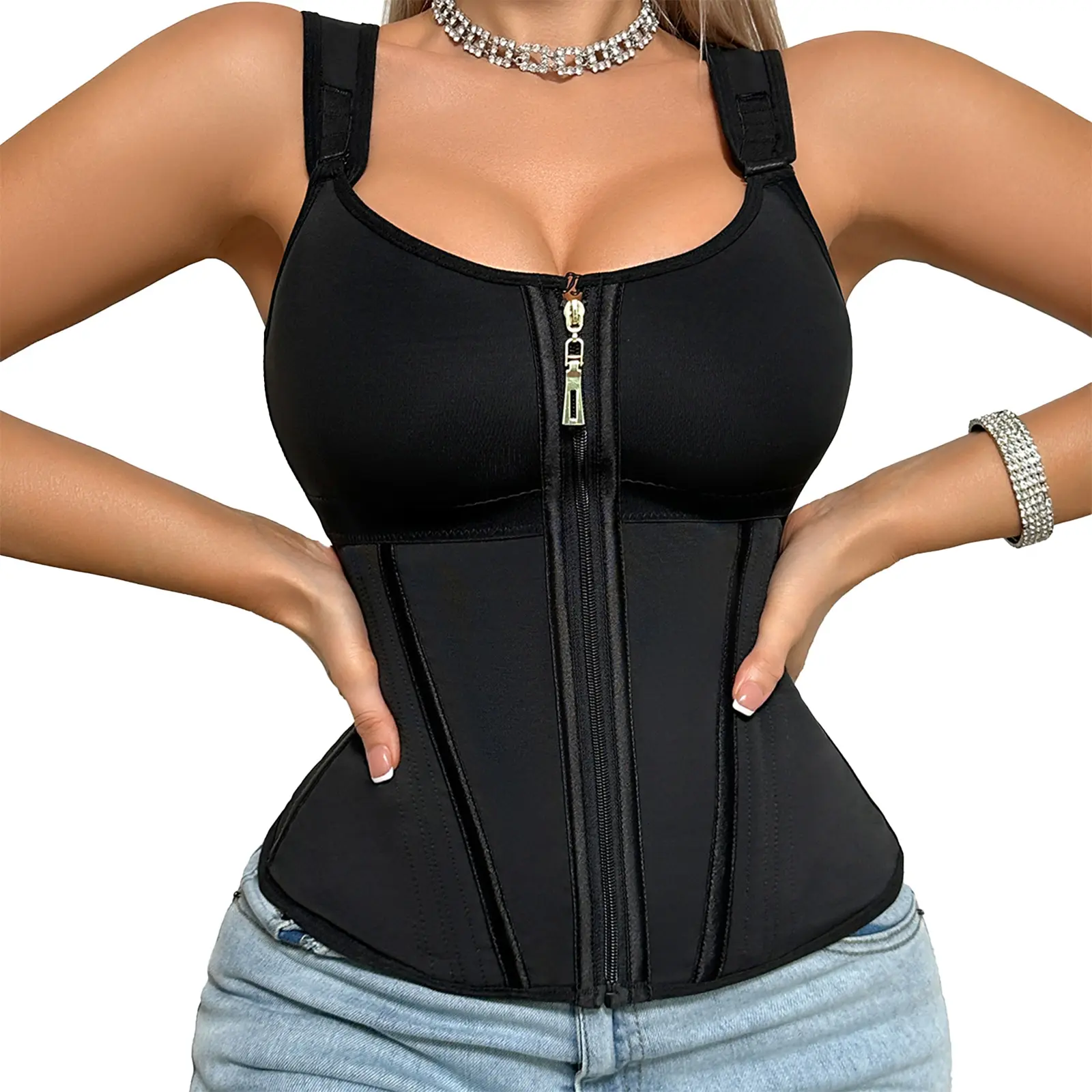 Women's Spandex Fabric Stretchy Compression Shapewear Top - Waist Belt with Bra, Tummy Control Girdle, Adjustable Shoulder Straps, Hook-and-Eye Closure, Zipper, Waist Trainer for Daily Wear, Sports Wear, S-XXL