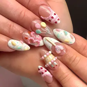Cute Pastel Dessert Nail Art with 3D Cake Candy, Custom Birthday Press On Nails, Kawaii Nails Set for Birthday and Party Looks