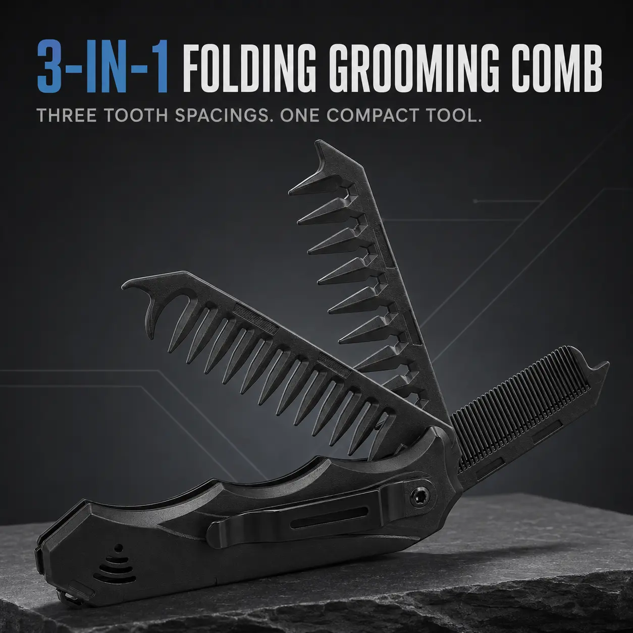3 in 1 Folding Hair Comb for Men Fine and Wide Tooth Portable Pocket Styling Comb with Root Lifting Pick and Clip for Slick Back Pompadour Quiff Textured Styles and Everyday Grooming Black
