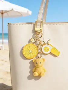 Cute Teddy Bear Keychain, Lemon Slice Juice Design, Zinc Alloy Enamel Pendant, Unisex Backpack Keyholder, Street Fashion Accessory