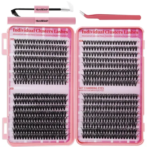 640-Piece Cosmetic Plant Fiber Eyelash Extension Clusters Kit, Nature Solid Fibers Fluffy Dolly Anime Dramatic Lashes, D Curl 30D-40D-50D 0.07mm Mixed Lengths DIY Set with Adhesives, Sealer, Tweezers, Brush for At-Home Styling