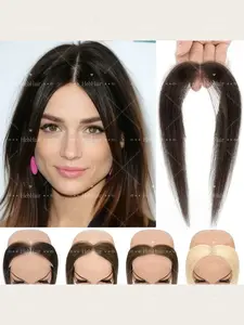 Women's Natural Straight Hair Extensions with Sleek Bangs, Two-Sided Bang Replacement Blocks, Real Hair Seams, Breathable Mesh Lace